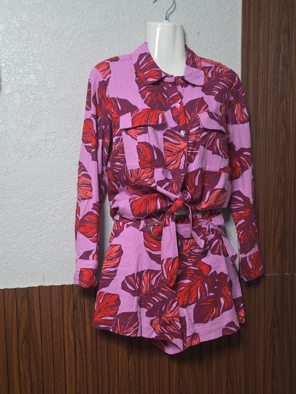 Pink and Red Tropical Tie-Waist Set Short And Blusa Xs [1838]